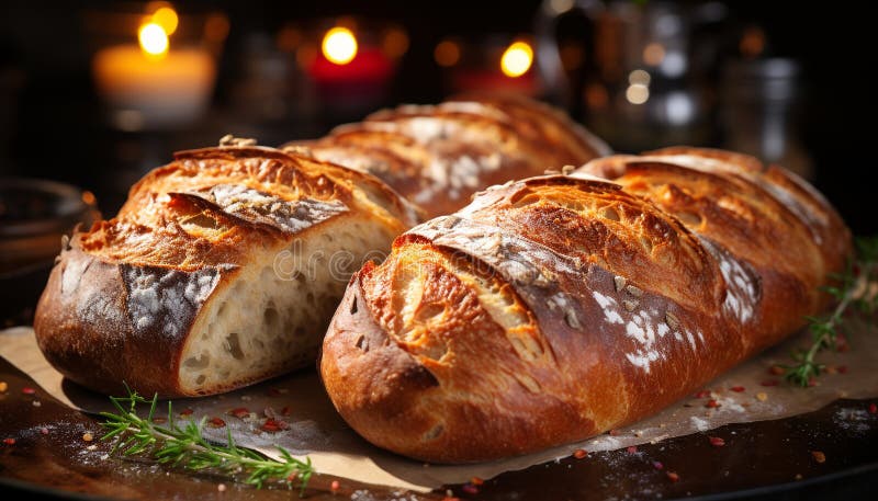 Frisch gebackene Ciabatta, ein rustikales hausgemachtes Gericht, das bereit ist, die generative ai zu essen stock abbildung