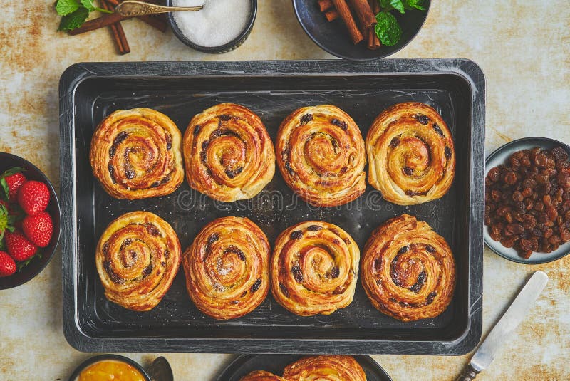 Frisch gebackene Zimtbrötchen auf schwarzem Eisenboden. Draufsicht stockbild