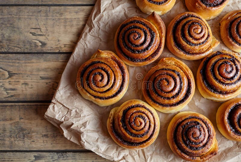 Frisch gebackene Zimtbrötchen mit den Gewürzen und Kakao, die auf Pergamentpapier füllen Süßes selbst gemachtes Gebäckweihnachtsb lizenzfreie stockbilder