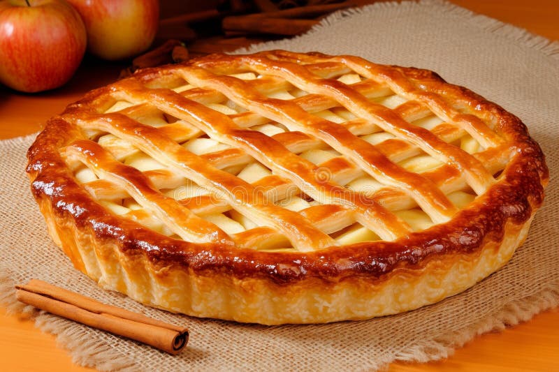 Frisch gebackener rustikaler Apfelkuchen mit Gitterkruste auf einem rustikalen Tisch mit Zimtstangen und Äpfeln im Hintergrund lizenzfreie abbildung
