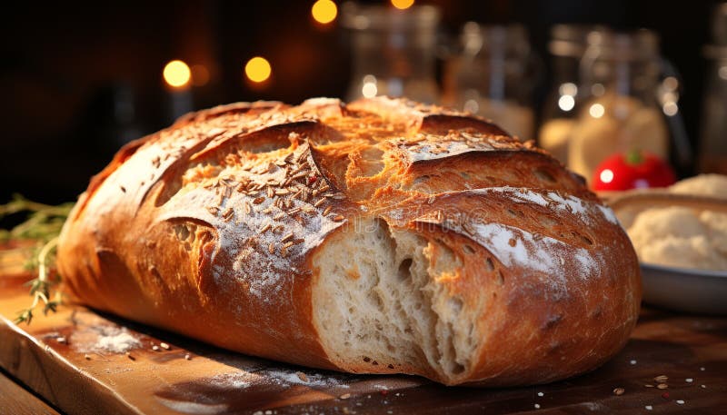 Frisch gebackenes Brot auf Holztisch, rustikale hausgemachte Ai stock abbildung