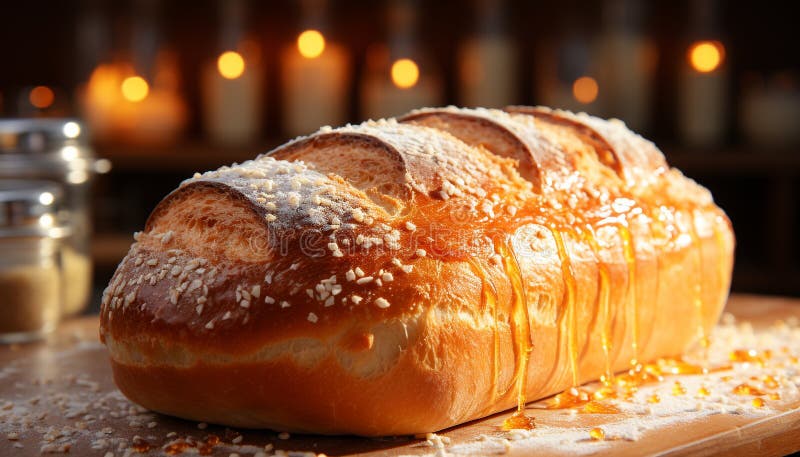 Frisch gebackenes Brot auf Holztisch, rustikale hausgemachte Freude durch ai lizenzfreie abbildung