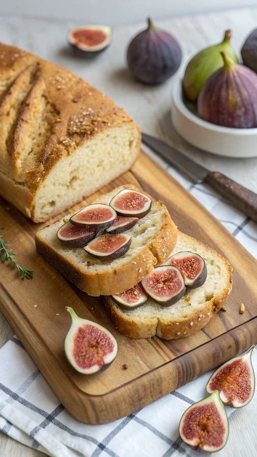 Frisch gebackenes Brot mit geschnittenen Feigen auf einem Holzbrett serviert. Perfekt für ein rustikales Frühstück oder einen Snack. KI-generiertes Foto. 4K Porträt Frontansicht 8K. HD-Bildhintergrund