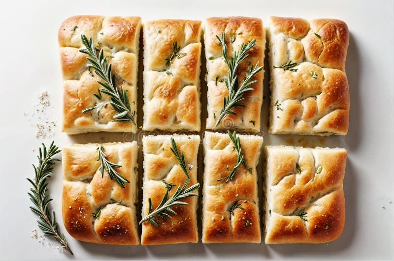 Frisch gebackenes Brot mit Kräutern, oben in Quadrate geschnitten und ordentlich auf weißem Hintergrund angeordnet vektor abbildung