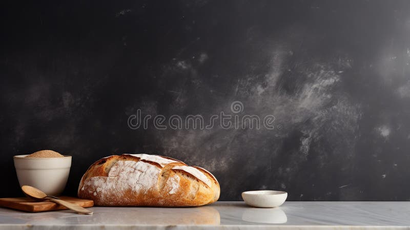 Frisch gebackenes rustikales Weizenbrot auf Marmorküche auf dunklem Hintergrund. generative Hilfe lizenzfreie abbildung