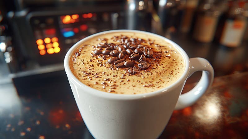 Frisch gebrühter Cappuccino mit Latte Art und Kaffeebohnen auf einer Bar in einem Café aus ai