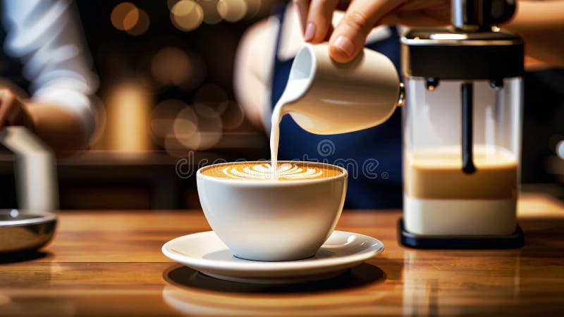 Frisch gebrühter Kaffee mit Latte Art in einem modernen Café vektor abbildung