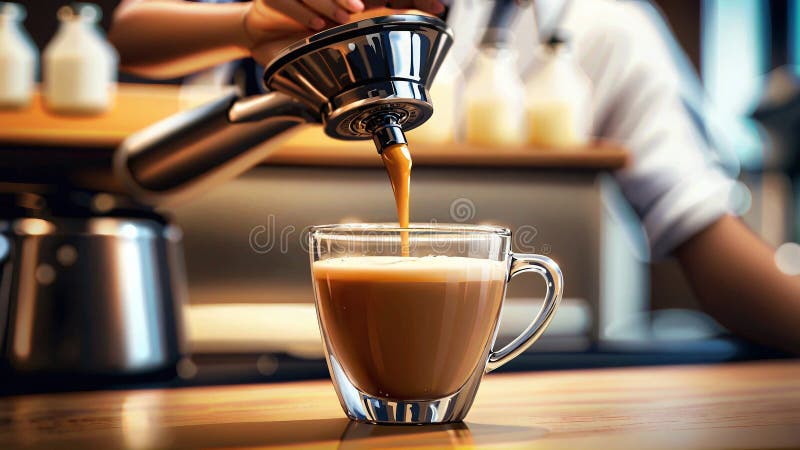 Frisch gebrühter Kaffee mit Latte Art in einem modernen Café stock abbildung