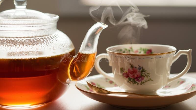 Frisch gebrühter Tee mit Teekanne und Tasse lizenzfreie abbildung