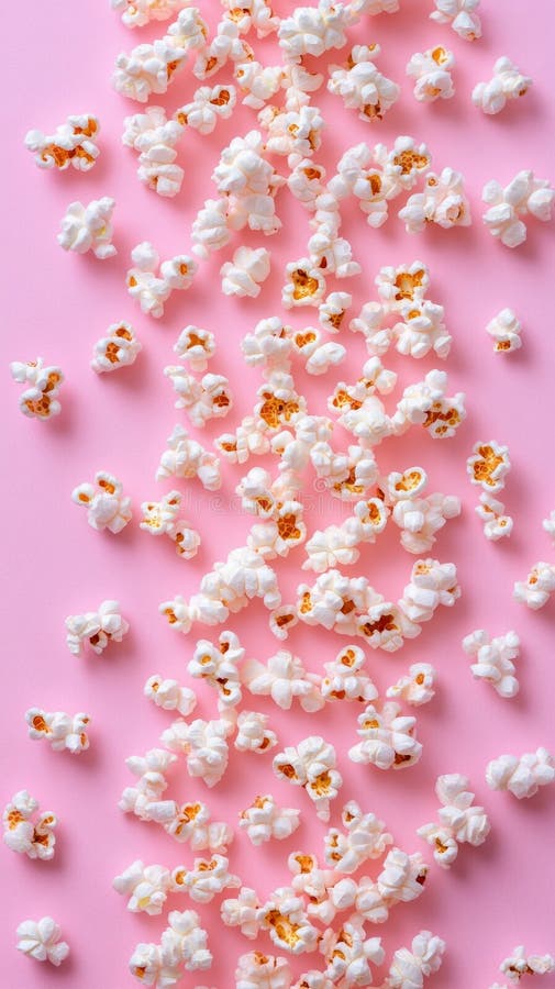 Frisch gepoppter Popcorn, verstreut auf einer lebhaften rosa Oberfläche und sorgt für einen angenehmen und einladenden Imbiss lizenzfreies stockbild