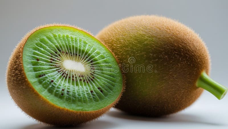 Frisch geschnittene, reifen Kiwi Frucht halbsaftig grünes Fleisch braun verschwommene Haut nahe Studio erschossen lizenzfreie stockbilder