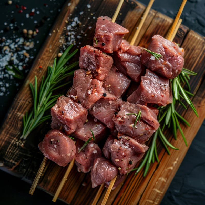 Frisch geschnittenes Rohfleisch auf einem Holzbrett mit Rosmarin, ideal zum Grillen oder Grillen. lebhaft und rustikal lizenzfreies stockbild