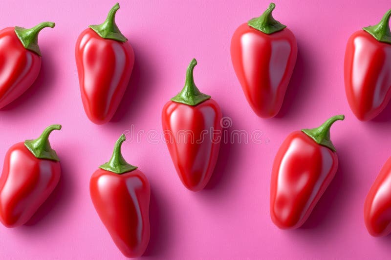 Frisch reife Mini-Paprika, die auf einem lebhaften rosa Hintergrund angeordnet sind und ein farbenfrohes und optisch ansprechendes lizenzfreies stockfoto