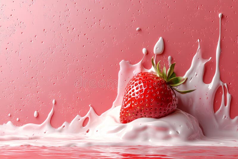 Frische Erdbeere, die sich in cremigem Jogurt stürzen und ein dynamisches Bild auf einem lebendigen rosa Hintergrund erzeugen stockbilder