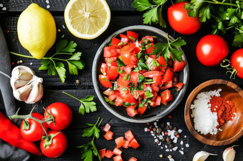 A colorful bowl of freshly prepared tomato salsa sits on a rustic wooden table, surrounded by ripe tomatoes, half a lemon, a lime, garlic cloves, coarse salt, and sprigs of parsley. The ingredients suggest a process of culinary preparation, likely for a Mexican-inspired dish. A colorful bowl of freshly prepared tomato salsa sits on a rustic wooden table, surrounded by ripe tomatoes, half a lemon, a lime, garlic cloves, coarse salt, and sprigs of parsley. The ingredients suggest a process of culinary preparation, likely for a Mexican-inspired dish