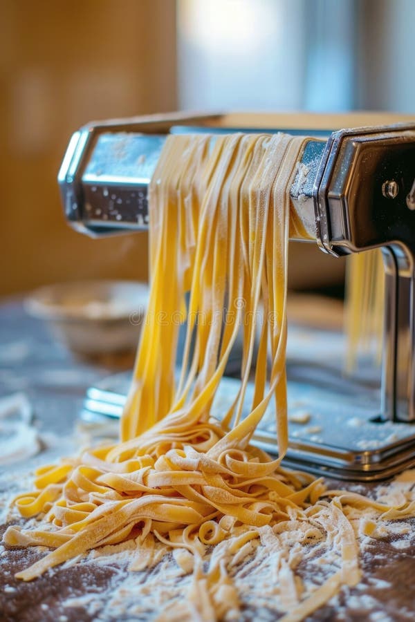 Fresh pasta being made with pasta machine on wooden table. Cooking and culinary arts concept. Design for recipe book and cooking class. Fresh pasta being made with pasta machine on wooden table. Cooking and culinary arts concept. Design for recipe book and cooking class