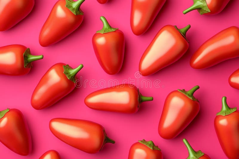 Frische Pfeffer aus rotem Chilischoten, die auf einer lebhaften rosa Kulisse angeordnet sind und ein optisch ansprechendes Muster lizenzfreies stockfoto