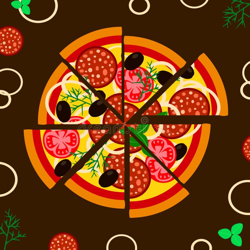 Frische Pizza mit Wurst, Tomaten, Käse, Oliven Traditioneller italienischer Schnellimbi? Draufsicht des Lebensmittels Auch im cor vektor abbildung Frische Pizza mit Wurst, Tomaten, Käse, Oliven Traditioneller italienischer Schnellimbi? Draufsicht des Lebensmittels Auch im cor vektor abbildung