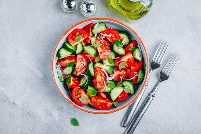 Frische Sommersalatsch?ssel mit Behandlung der Tomaten, der Gurken, der roten Zwiebeln, des Basilikums und des Oliven?ls lizenzfreie stockbilder Frische Sommersalatsch?ssel mit Behandlung der Tomaten, der Gurken, der roten Zwiebeln, des Basilikums und des Oliven?ls lizenzfreie stockbilder