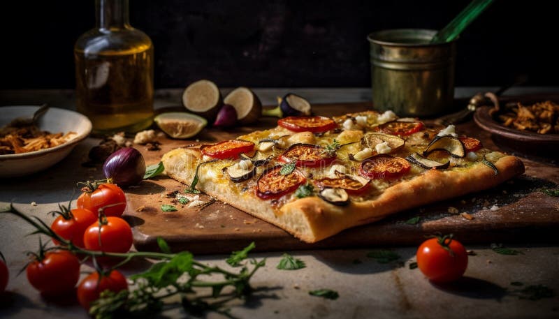 Frische und rustikale hausgemachte Pizza auf einem Holztisch aus ai stock abbildung