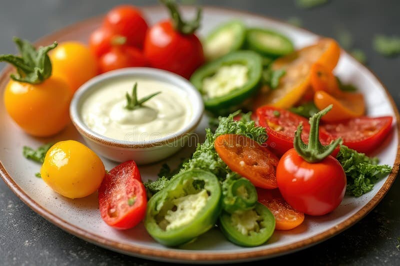 Frische Veggies gepaart mit leckerem Knoblauch Aioli für einen schmackhaften Appetit stock abbildung