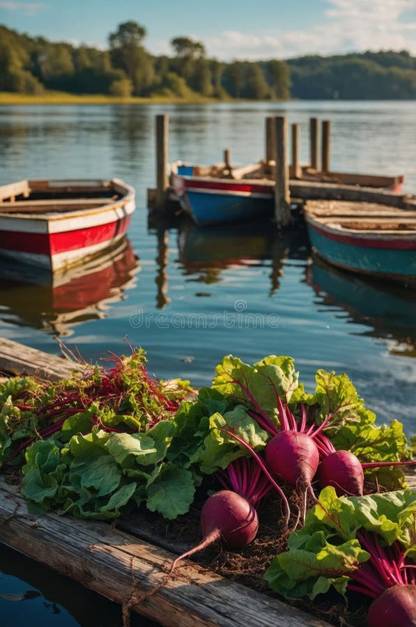 Frischer Beet Harvest am Lago Boats im Hintergrund stock abbildung