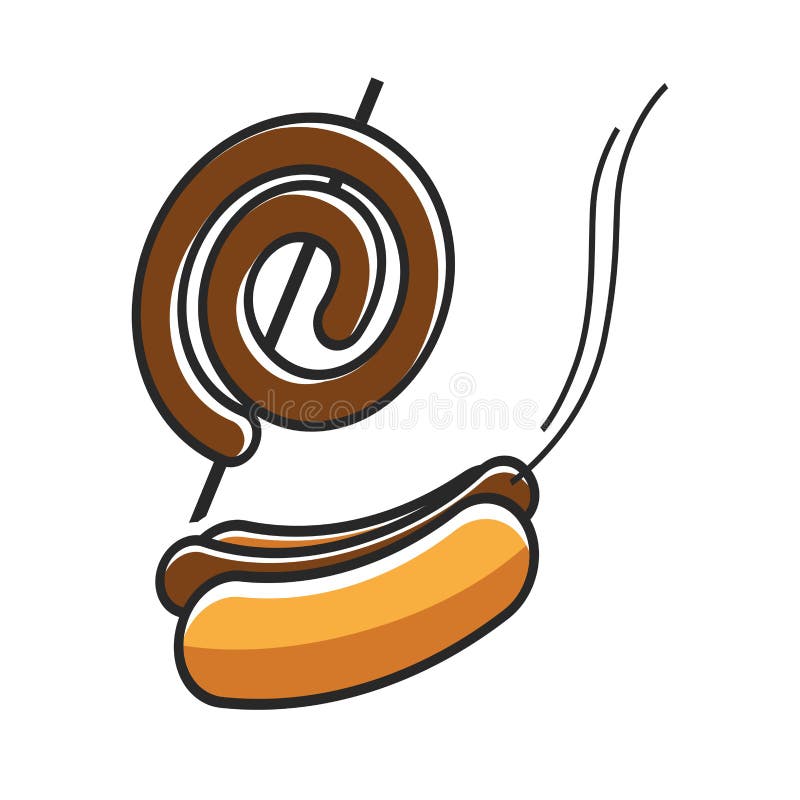 Frischer Hotdog und Wurst auf dem Stock lokalisiert auf Weiß. Frischer Hotdog und Wurst rollten auf dem Stock, der auf Weiß lokalisiert wurde Vector bunte Illustration im Grafikdesign des geschmackvollen und ungesunden Lebensmittels Schließen Sie herauf Plakat von wegnehmen Tellerarten für Snack oder das Mittagessen