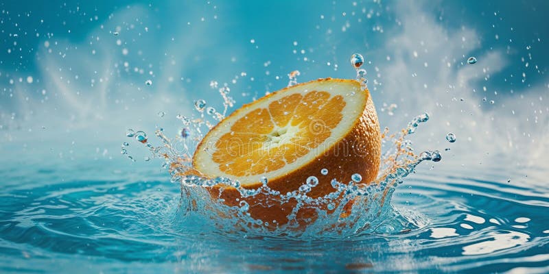 Frischer Orangenschlag im Wasser, der dynamischen Bewegungseffekt erzeugt lizenzfreie stockbilder