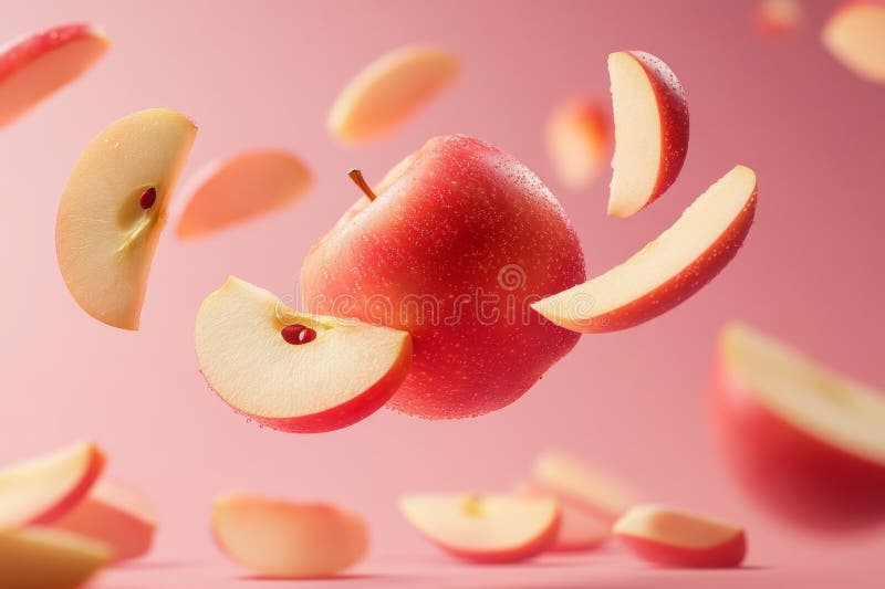 Frischer roter Apfel und seine Scheiben schweben auf einem lebhaften rosa Hintergrund und schaffen eine dynamische und appetitlich lizenzfreies stockfoto
