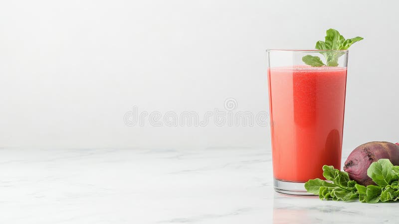 Frischer Rübensaft aus Glas mit Grünen auf Marmorboden lizenzfreie abbildung
