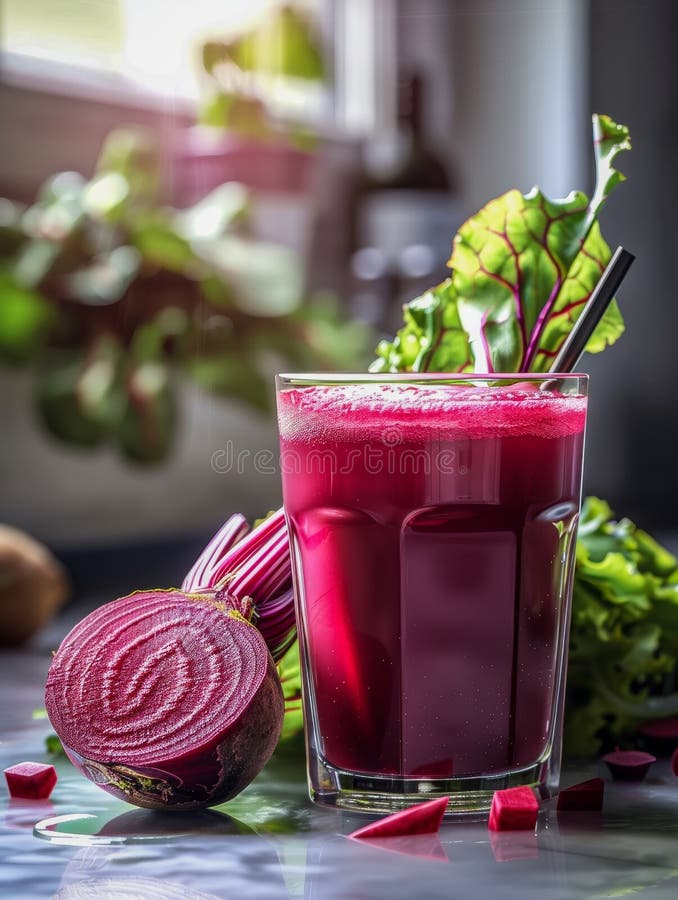 Frischer Rübensaft aus Glas mit Zuckerrüben und Blättern stock abbildung