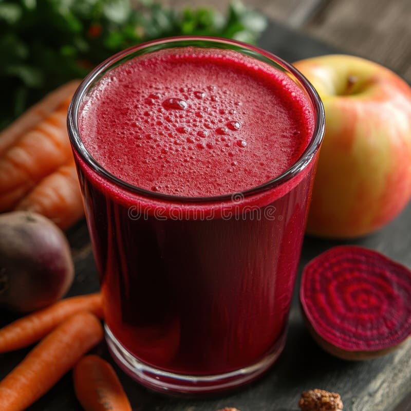 Frischer Rübensaft mit Äpfeln und Karotten für einen gesunden Schub lizenzfreie abbildung