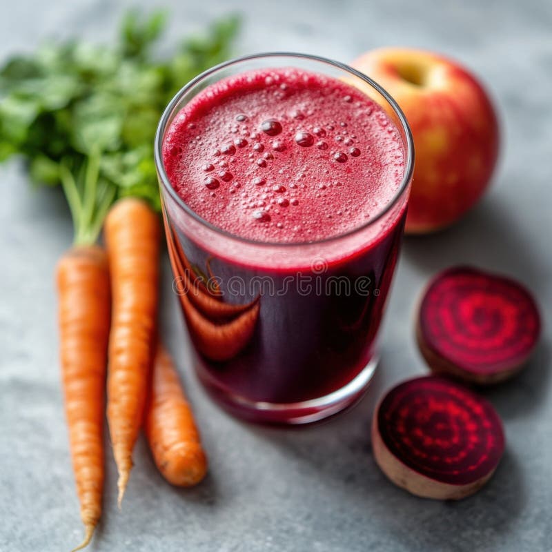 Frischer Saft mit Karotten und Äpfeln auf einem rustikalen Tisch stock abbildung