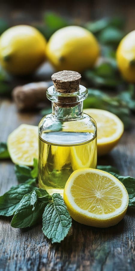 Frischer Zitrusinfusion Lemon Essential Oil Extract mit Zitronen und Kräuter auf rustikalen Tischen vektor abbildung
