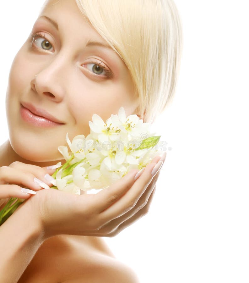 Frisches Gesicht mit dem Gladiolus blüht in ihren Händen stockfotografie Frisches Gesicht mit dem Gladiolus blüht in ihren Händen stockfotografie