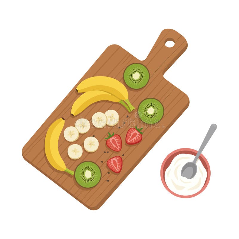 Frisches Obst Scheiben Kiwi Erdbeere aus Bananen mit Schüssel Jogurt auf Holzschnitttafel Vektorgrafik lizenzfreie abbildung