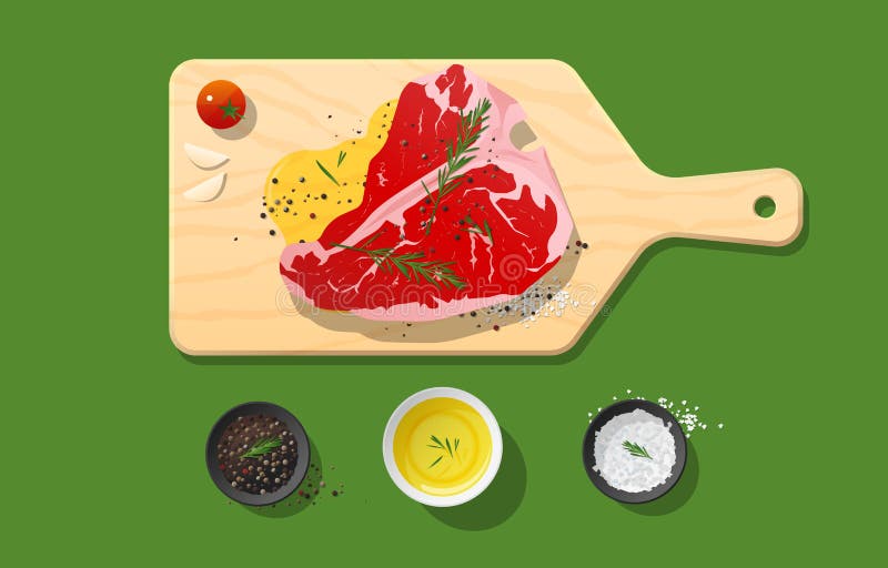 Frisches rohes Rindfleisch, Steak des förmigen Knochens und Gewürze auf hölzernem Schneidebrett, Lebensmittelzubereitung stock abbildung