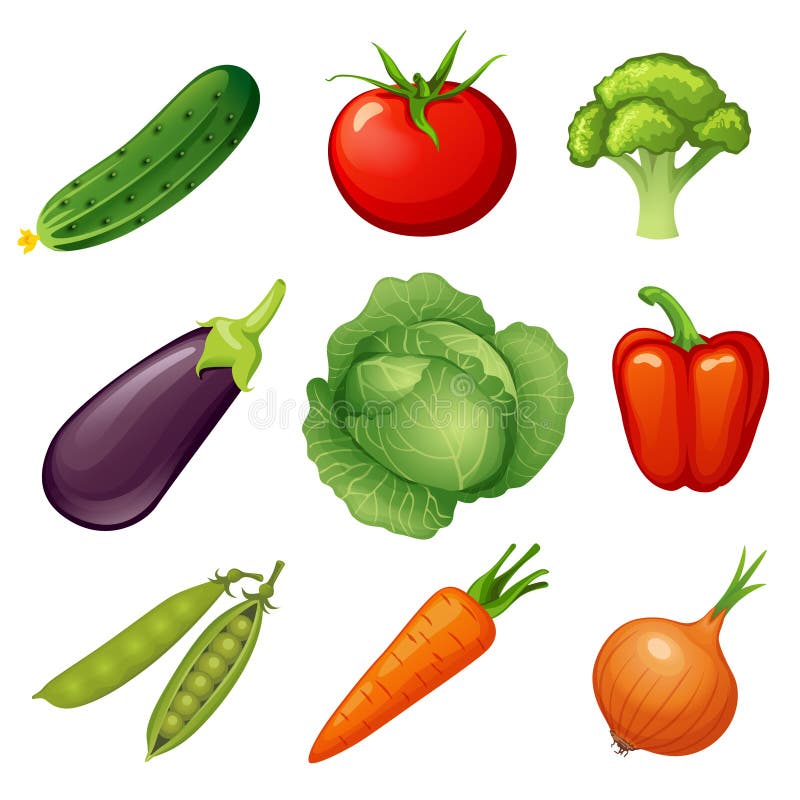 Frisches vegetables Gemüseikone Lebensmittel des strengen Vegetariers Gurke, Tomate, Brokkoli, Aubergine, Kohl, Pfeffer, Erbsen