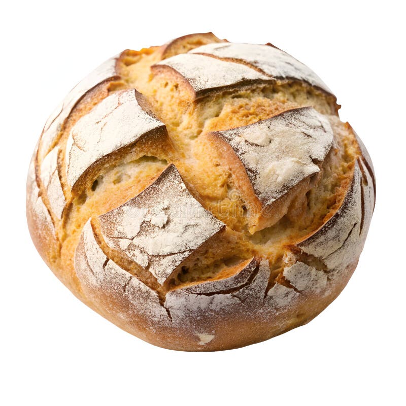 Frischgebackener handwerklicher Brotlaib mit Mehl, isoliert auf weißem Hintergrund. Ein frisch gebackener handwerklicher Brotlaib aus Mehl ist auf einem weißen, sauberen Hintergrund isoliert. Dieses Bild zeigt einen goldfarbenen Laib, der perfekt zum Frühstück oder einem Gourmet-Snack ist. Ideal zur Veranschaulichung gesunder Bäckereiverkaufsaktionen