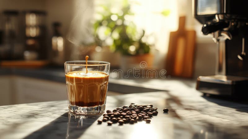 Frischgebackener Kaffee in einem Glas mit Bohnen auf einem Countertop stock abbildung