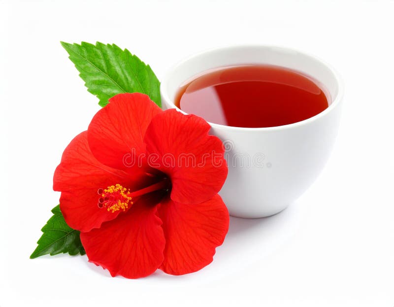 Frischgebrühter Hibiskustee und rote Blume, isoliert auf weiß stock abbildung