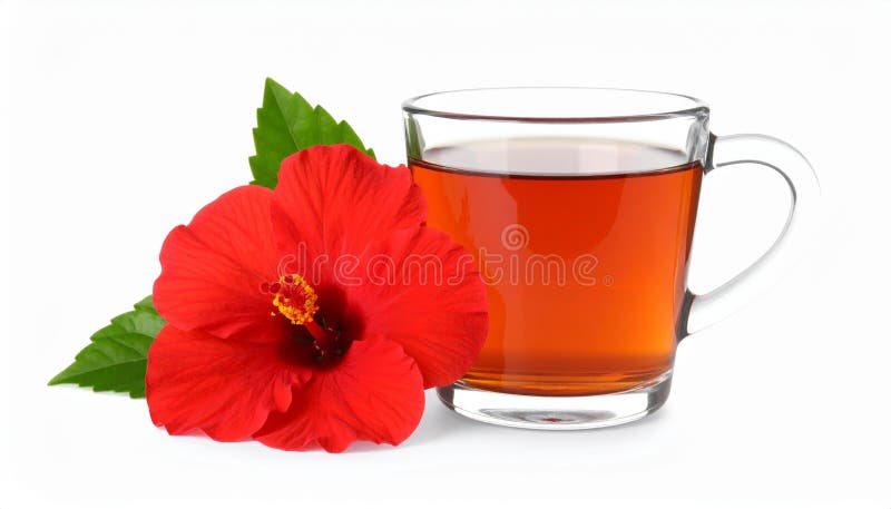 Frischgebrühter Hibiskustee und rote Blume, isoliert auf weiß stock abbildung