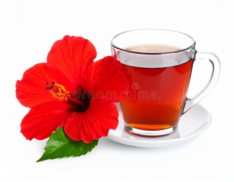 Frischgebrühter Hibiskustee und rote Blume, isoliert auf weiß stock abbildung
