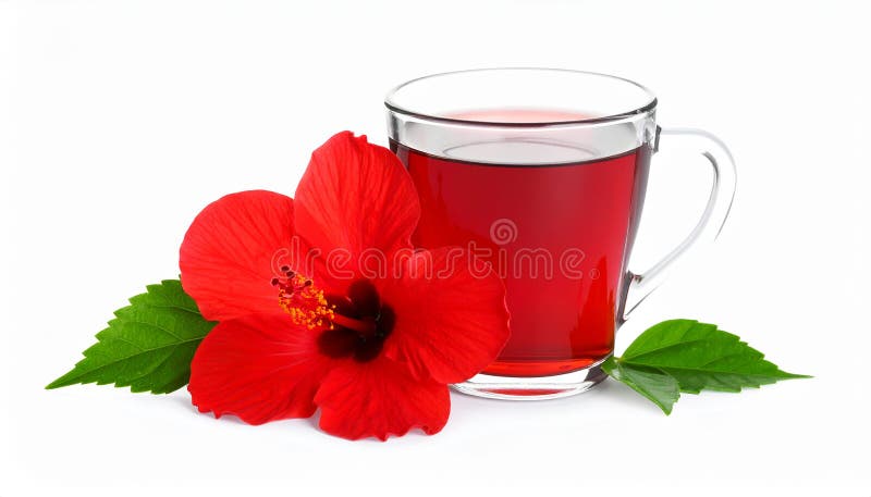 Frischgebrühter Hibiskustee und rote Blume, isoliert auf weiß stock abbildung