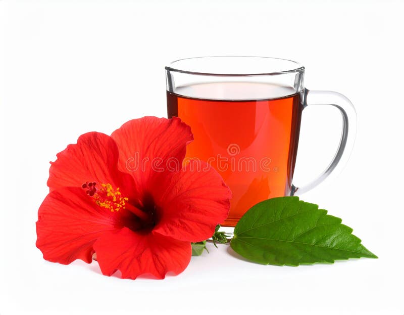 Frischgebrühter Hibiskustee und rote Blume, isoliert auf weiß stock abbildung