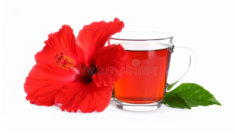 Frischgebrühter Hibiskustee und rote Blume, isoliert auf weiß lizenzfreie abbildung