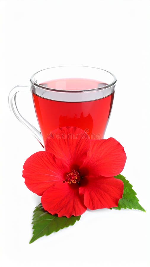Frischgebrühter Hibiskustee und rote Blume, isoliert auf weiß lizenzfreie abbildung