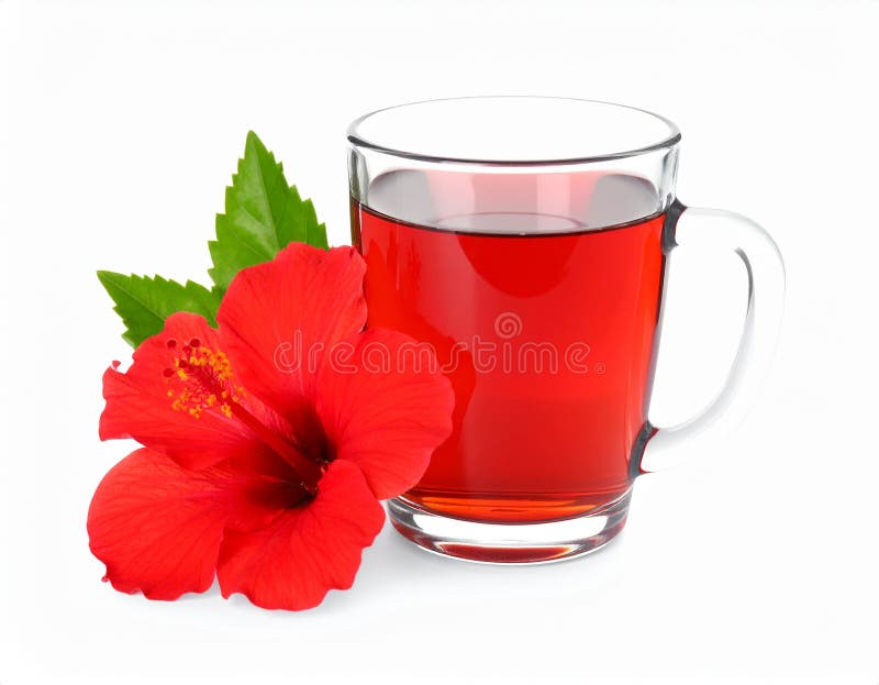 Frischgebrühter Hibiskustee und rote Blume, isoliert auf weiß stock abbildung