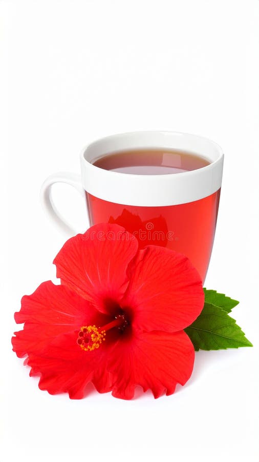 Frischgebrühter Hibiskustee und rote Blume, isoliert auf weiß lizenzfreie abbildung