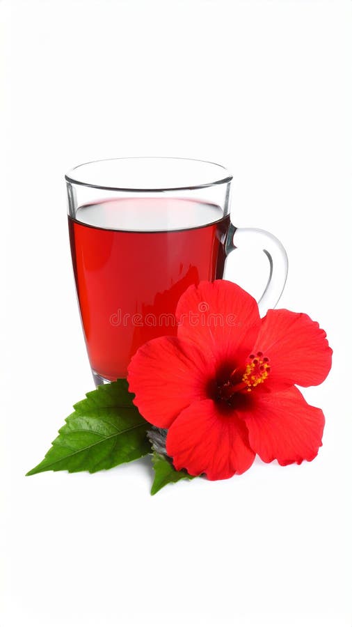 Frischgebrühter Hibiskustee und rote Blume, isoliert auf weiß stock abbildung